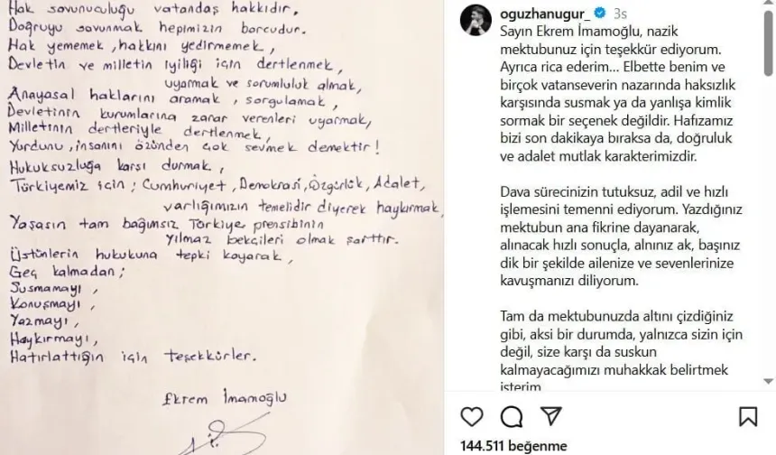 İmamoğlu’ndan Oğuzhan Uğur’a destek mektubu